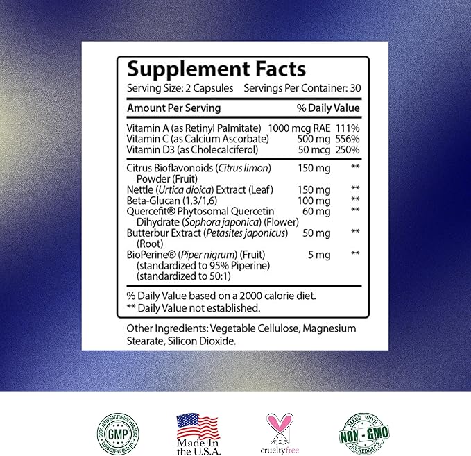 Research Verified Lung and Respiration - Seasonal Allergy and Sinus Support - Vitamin A, C & D, Quercetin, Nettle Leaf Extract - 60 Capsules - Made in The USA