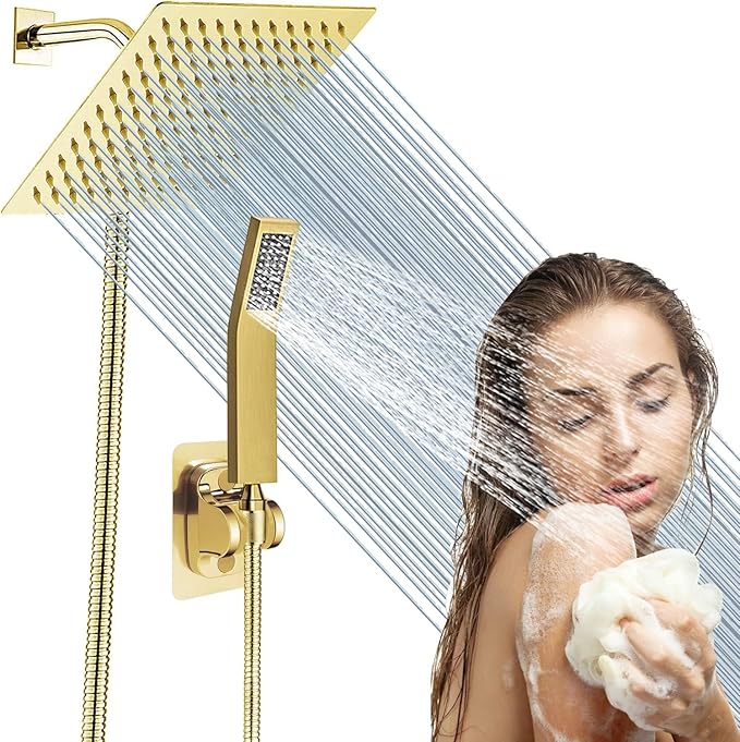 High Pressure Square Rain Gold Shower Head and Handle Shower Set.Equipped with 78" Stainless Steel Shower Hose, 3 Way Diverter Valve, Adhesive Shower Head Holder (Rainfall Shower Head Set AWAXFOLO)