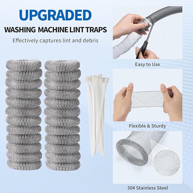 24 Pieces Lint Traps Stainless Steel Washing Machine Lint Snare Traps Laundry Mesh Washer Hose Filter with 24 pcs Cable Ties