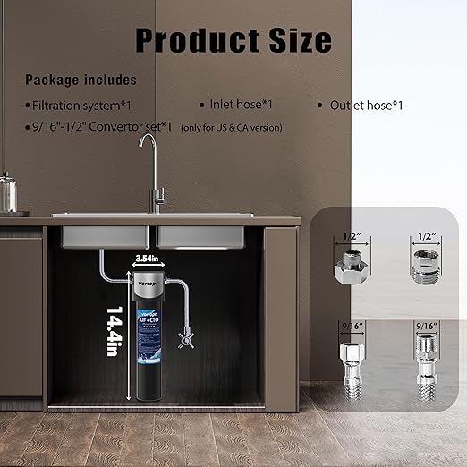 Under Sink Water Filter System,14000 Gallon &16" H saves Space,Flow Under Counter Water Filter Direct Connect to Kitchen Faucet,Reduces Chlorine,Lead, Bad Taste & Odor(Black-Q5-UF-M-14000 GAL)