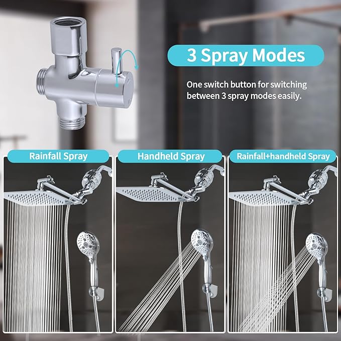 8'' Dual 20 Stage Filtered Shower Head with Handheld, 6 Spray Settings Handheld Shower Head High Pressure Rainfall Filter Combo with 12'' Adjustable Extension Arm, 71'' Shower Hose (Chrome Polished)