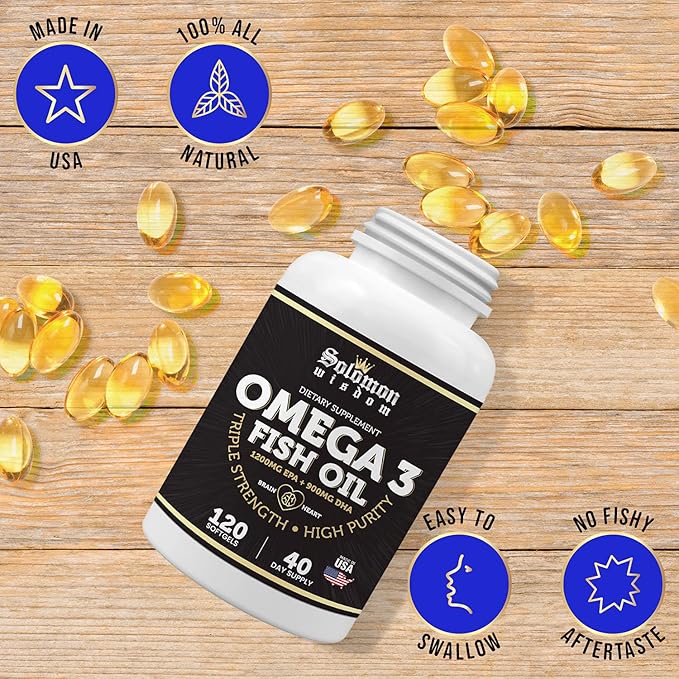 SOLOMON WISDOM Omega 3 Fish Oil - Dietary Supplement for Healthy Heart & Brain - 120 Soft Gel Capsules with High EPA 1200mg & DHA 900mg - Burpless, Odorless with Natural Lemon Flavor