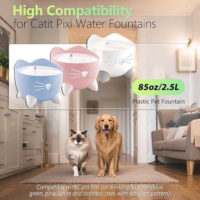 6-Pack Cat Fountain Filter Replacement Compatible with Catit PIXI Water Fountain 85oz/2.5L, Cat Water Fountain Filter Replacement Triple Action Water Filters