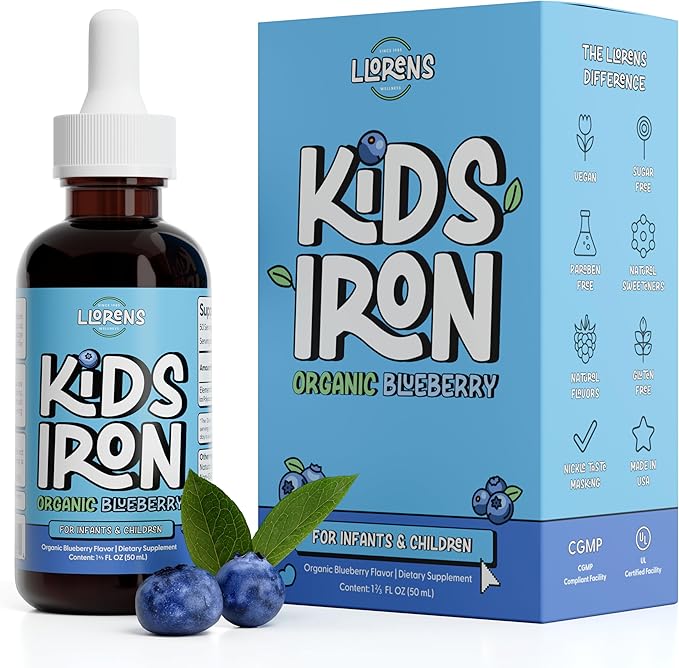 Kids Iron Supplement – Organic Blueberry Flavor – Iron Drops for Infants & Children – Sugar Free, Vegan, Gluten Free, No Artificial Flavors (1.7 oz, Organic Blueberry)