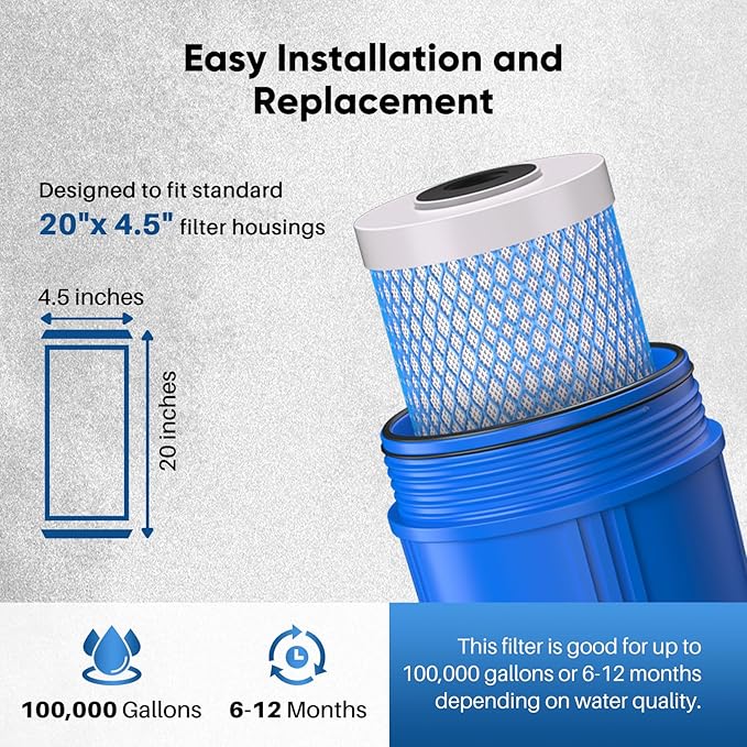 PUREPLUS 5 Micron 20" x 4.5" Whole House Activated Carbon Water Filter, Enhanced Lead Removal Carbon Replacement Cartridge, Compatible with FC25B, EPM-20BB, CB-BB-20, 155783-43, CTO20BB-CQB, 2 PACK
