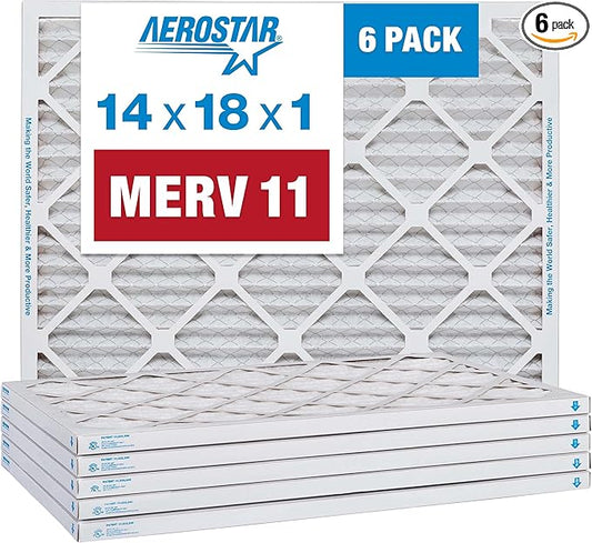 Aerostar 14x18x1 MERV 11-6 Count - Pleated Furnace & Air Conditioner Filters - Removes Dust, Cold & Flu Germs, Lint, Mold, Pet Dander, Allergy-Causing Pollen, Smog & Smoke