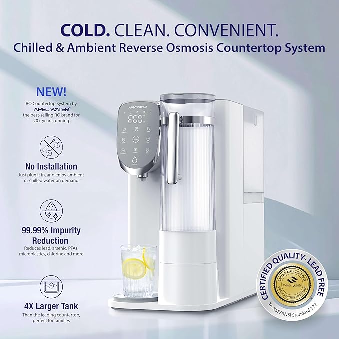 Countertop Reverse Osmosis Water Filter, Chills Purified Water 40°F, 6 Stage w/UV RO Filtration System, Removable Water Pitcher, Removes 1K+ Impurities NSF 372 & 58, Large Capacity & Quick Dispense