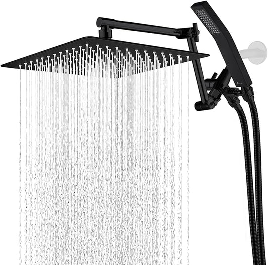 G-Promise All Metal 12 Inches Rainfall Shower Head with Handheld Spray Combo, 3 Settings Diverter, Adjustable Extension Arm with Lock Joints, 71 Inches Stainless Steel Hose (Matte Black)