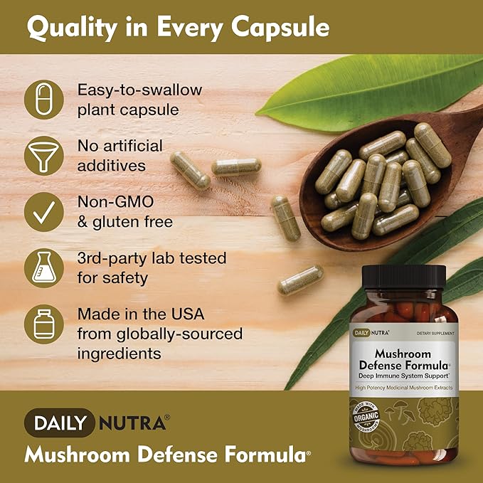 Mushroom Defense Formula - Immune Support Supplement | Organic Mushrooms, Hot Water Extracted - Reishi, Chaga, Maitake, Shiitake & Turkey Tail (90 Capsules)