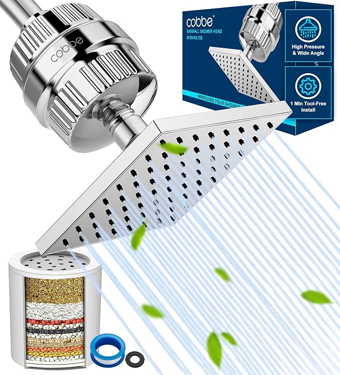 Cobbe High Pressure Filtered Shower Head Combo, Rain Shower Head with 20 Stage Shower Head Filter for Hard Water - Adjustable Replacement Remove Chlorine and Harmful Substances, Chrome