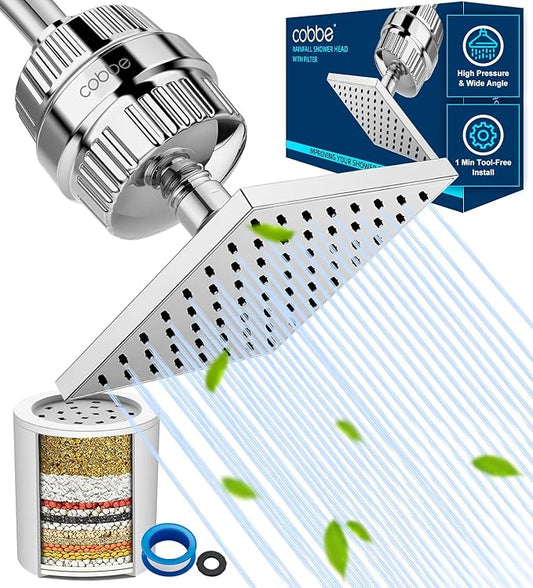 Cobbe High Pressure Filtered Shower Head Combo, Rain Shower Head with 20 Stage Shower Head Filter for Hard Water - Adjustable Replacement Remove Chlorine and Harmful Substances, Chrome
