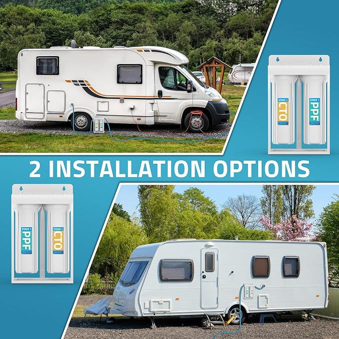 PAULINN External RV Dual Water Filters System, Lead-Free & BPA-Free Camper Water Filter with Brass Fittings & Mounting Bracket & Two Filters, Reduces Sediment, Chlorine, Bad Taste and Odors