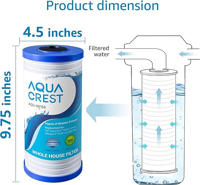 AQUA CREST AP810 Whole House Water Filter Replacement for 3M® Aqua-Pure® AP810, AP801, AP811, Whirlpool® WHKF-GD25BB, WHKF-DWHBB, 5 Micron, 10" x 4.5", Well & Tap Water Filter, Pack of 4