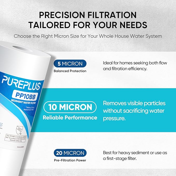 PUREPLUS 10 Micron 10" x 4.5" Whole House Sediment Home Water Filter Replacement Cartridge for Culligan RFC-BBSA, HD-950, WFHD13001B, W15-PR, GXWH30C, GXWH35F, Aqua-Pure AP817, PP10BB, 2PACK
