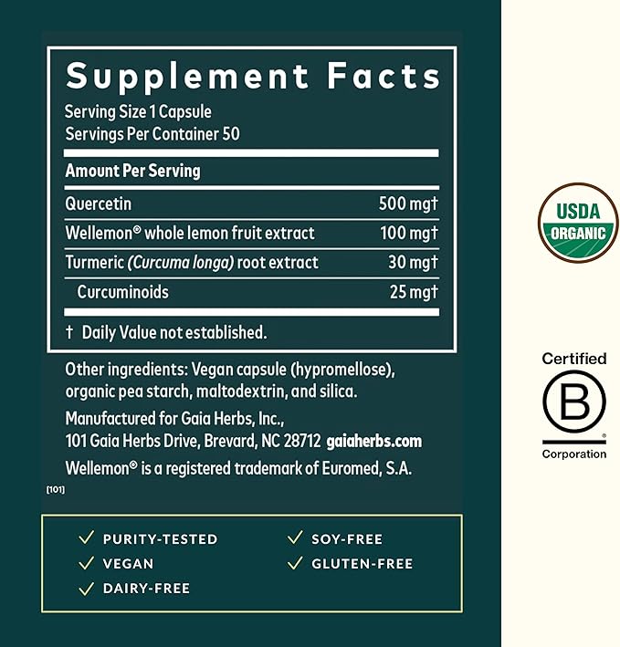 Gaia Herbs Quercetin Synergy - Supports Immunity - with Lemon Fruit Extract - 50 Vegan Capsules (50-Day Supply)