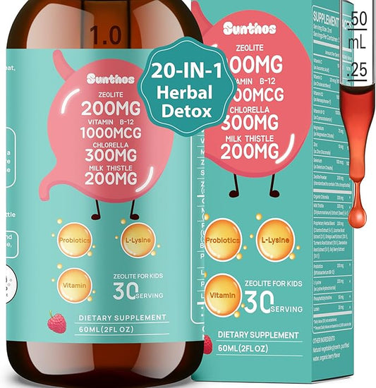 200mg Zeolite Detox for Kids & Adults, 20-in-1 Herbal Liquid with 300mg Chlorella, 200mg Milk Thistle, Cilantro, Vitamins & Probiotics Supports Speech, Cleanse, Immune & Gut Health, Berry Flavor, 60ML