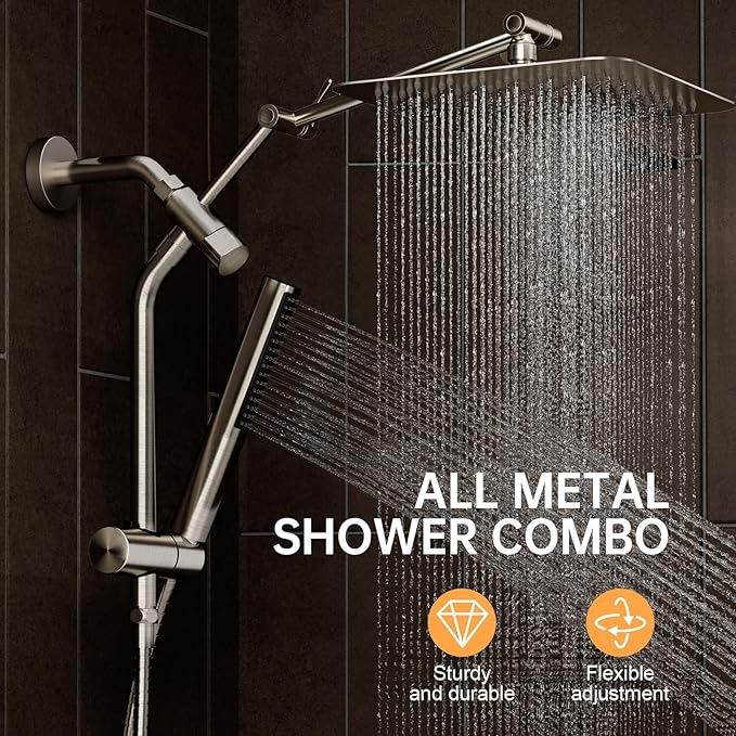 Veken 10" Luxurious Brushed Nickel All Metal Rain Shower Head with Handheld Spray Combo, High Pressure Rainfall Square Shower Heads with Extension Arm, Wide Dual Showerhead, Bathroom Accessories