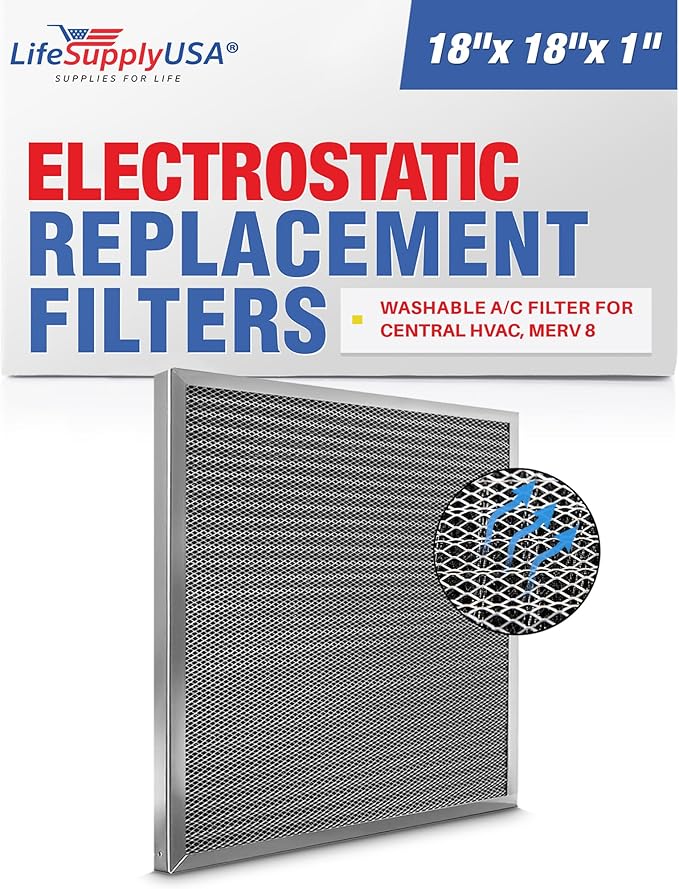 18x18x1 Electrostatic Air Filter, MERV 8, Washable, Reusable Furnace AC/HVAC Filter, Energy Saving, Easy to Clean, Long-Lasting by LifeSupplyUSA