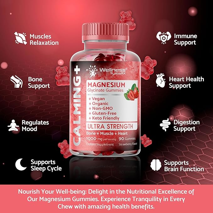 Magnesium Glycinate Gummies, 1000 mg - Magnesium Supplement to Support Relaxation, Heart Health - Chewable Calm Magnesio Gummies for Adults, Glicinato De Magnesio - Strawberry Flavor