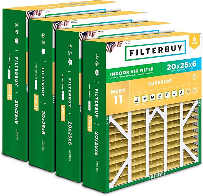 Filterbuy 20x25x6 Air Filter MERV 11 (MPR 1200) Allergen Defense (4-Pack), Pleated HVAC AC Furnace Filters for Aprilaire Space-Gard 201/2200 / 2250 & Lennox (Actual Size: 19.75 x 24.25 x 6.00)
