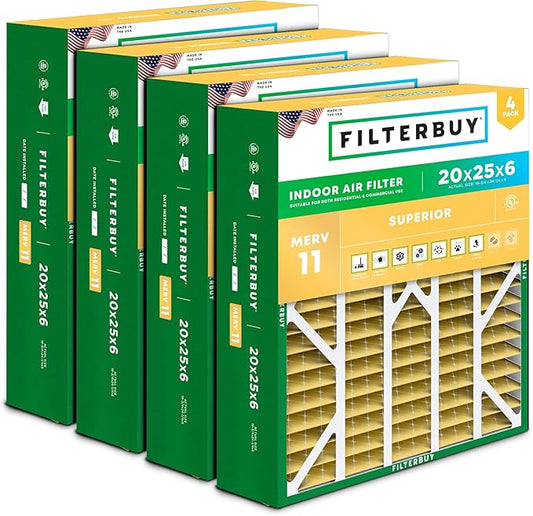 Filterbuy 20x25x6 Air Filter MERV 11 (MPR 1200) Allergen Defense (4-Pack), Pleated HVAC AC Furnace Filters for Aprilaire Space-Gard 201/2200 / 2250 & Lennox (Actual Size: 19.75 x 24.25 x 6.00)