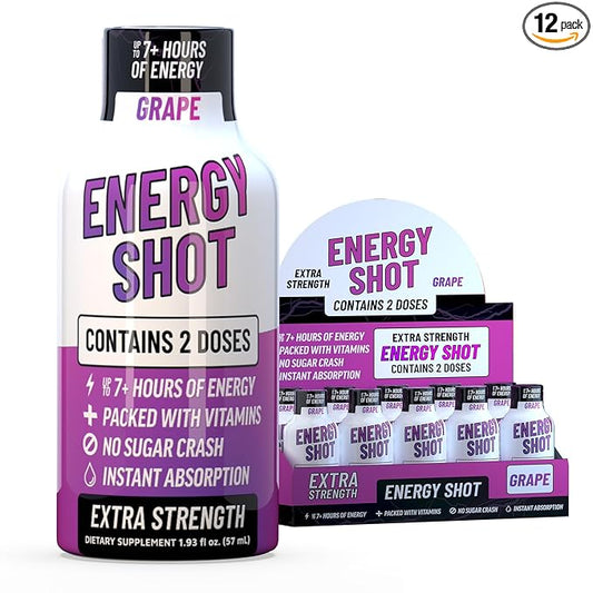 Energy Shot – 2 Servings – 100% DV B-Vitamins & 130mg Plant-Based Caffeine – Zero Calories, Sugar-Free, Vegan, Non-GMO – Energy & Productivity Support (1.93 Fl Oz (Pack of 10), Grape)