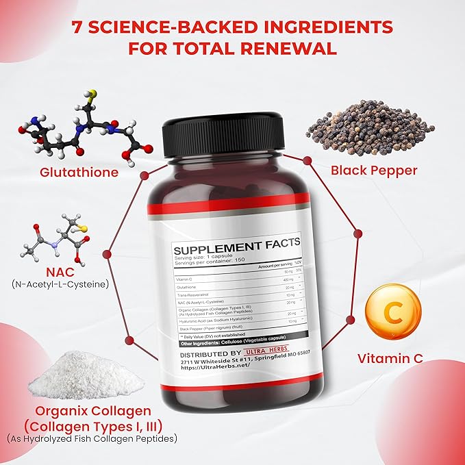 Glutathione Supplement Active Reduced Form, Enriched with Resveratrol, NAC, Collagen, Hyaluronic Acid, Vitamin C - Advanced Antioxidant for Immunity & Detox | 150 Capsules