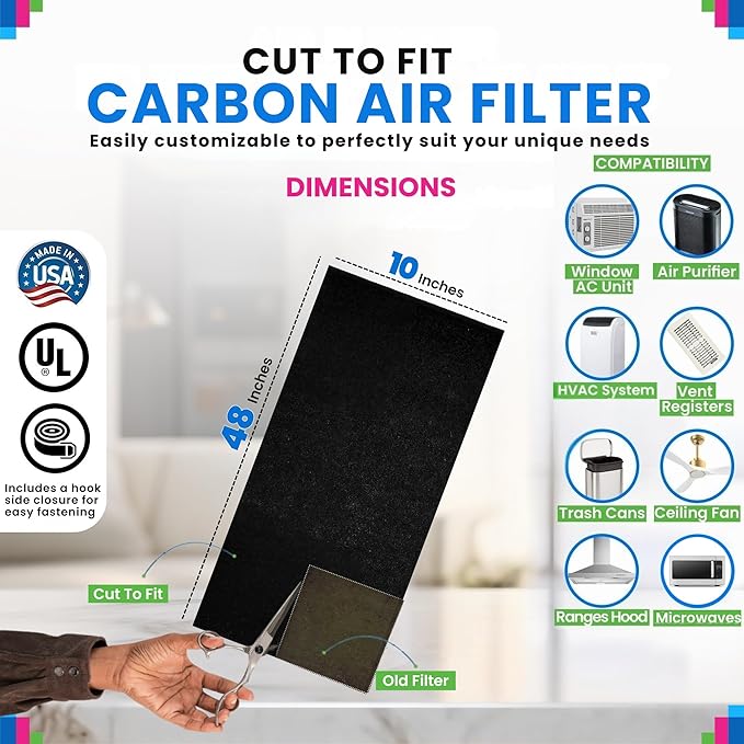 Cut to Fit Activated Carbon Filter Sheet 10” x 48” - Activated Carbon Air Filter for Air Purifiers Window AC Air Vent And More - Charcoal Filters Absorb Odors & Freshens the Air (1-Pack)