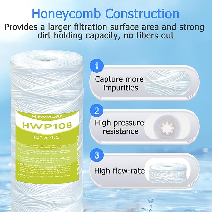 25 Micron Whole House Water Filter Cartridge, String Wound Sediment Filters for Well Water, Replacement for 84637, WPX5BB97P, WP10BB97P, WP25BB97P - 10" x 4.5" Cartridges - Pack of 4
