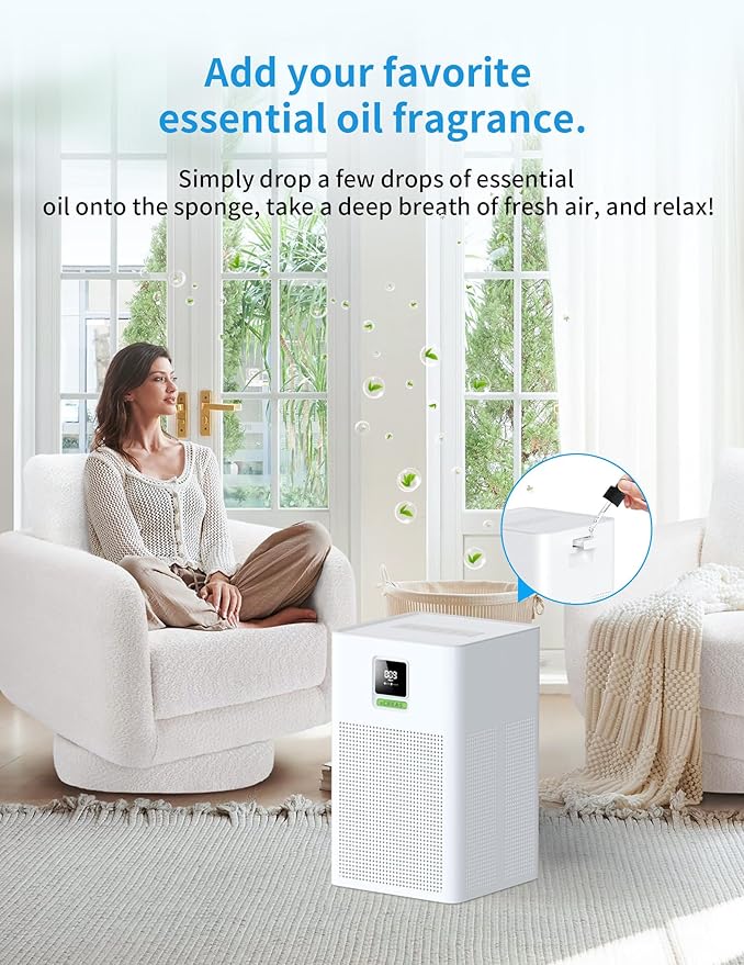 Smart Air Purifier Matter Compatible with Alexa Google Apple, Air Purifier for Bedroom, 1937 ft²/hr Corverage, Washable Pre-Filter, Aroma Essential Oil Drawer, PM2.5 Sensor, Quiet Eco Mode