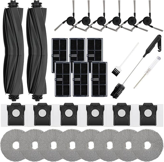 31 PCS Replacement Parts for Dreame X40 Ultra/ Master/ L40 Ultra Vacuum Cleaner, 2 Main Brushes, 6 HEPA Filters, 6 Dust Bags 6 Side Brushes 8 Mop Pads 1 Cleaning Brush 1 Water Tank Brush 1 Screwdriver