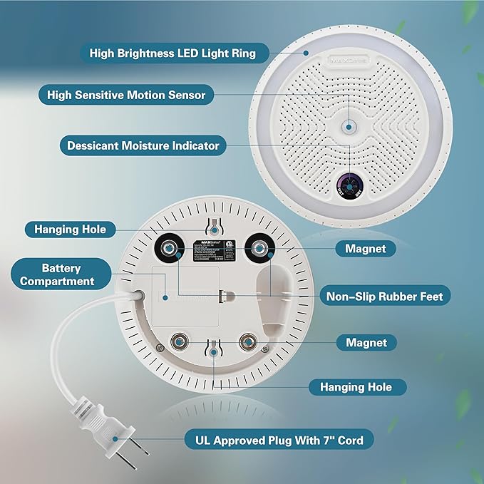 2-in-1 Rechargeable Dehumidifier with Motion Sensor LED Light, Perfect For Gun Safe, Gun Cabinet and other enclosed areas, ETL Approved (White)