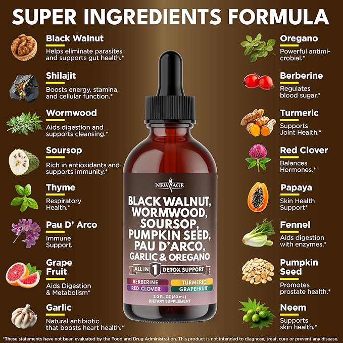 Black Walnut Wormwood Cleanse Drops - Liquid Soursop, Garlic, Pumpkin Seed, PAU D'Arco, Oil of Oregano, Turmeric, Berberine, Neem Extract, Hull Bark, Tincture - 2oz