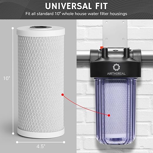 Airthereal Whole House Water Filter Housing, 10" x 4.5" Sediment Carbon Cartridge Universal Housing, Pre-Filtration System for Well and City Water with 1" NPT Port and Include 1-Pack CTO Filter