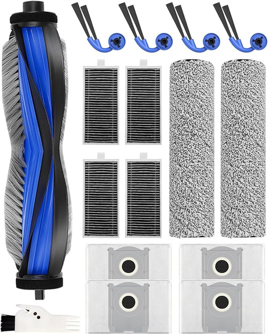 16 PCS Replacement Accessories kit Compatible with ECOVACS DEEBOT X9 Pro Omni Vacuum Cleaner Robot, 1 Main Brush, 4 Side Brushes, 4 HEPA Filters, 2 Mopping Rollers, 4 Dust Bags, 1 Cleaning Brush