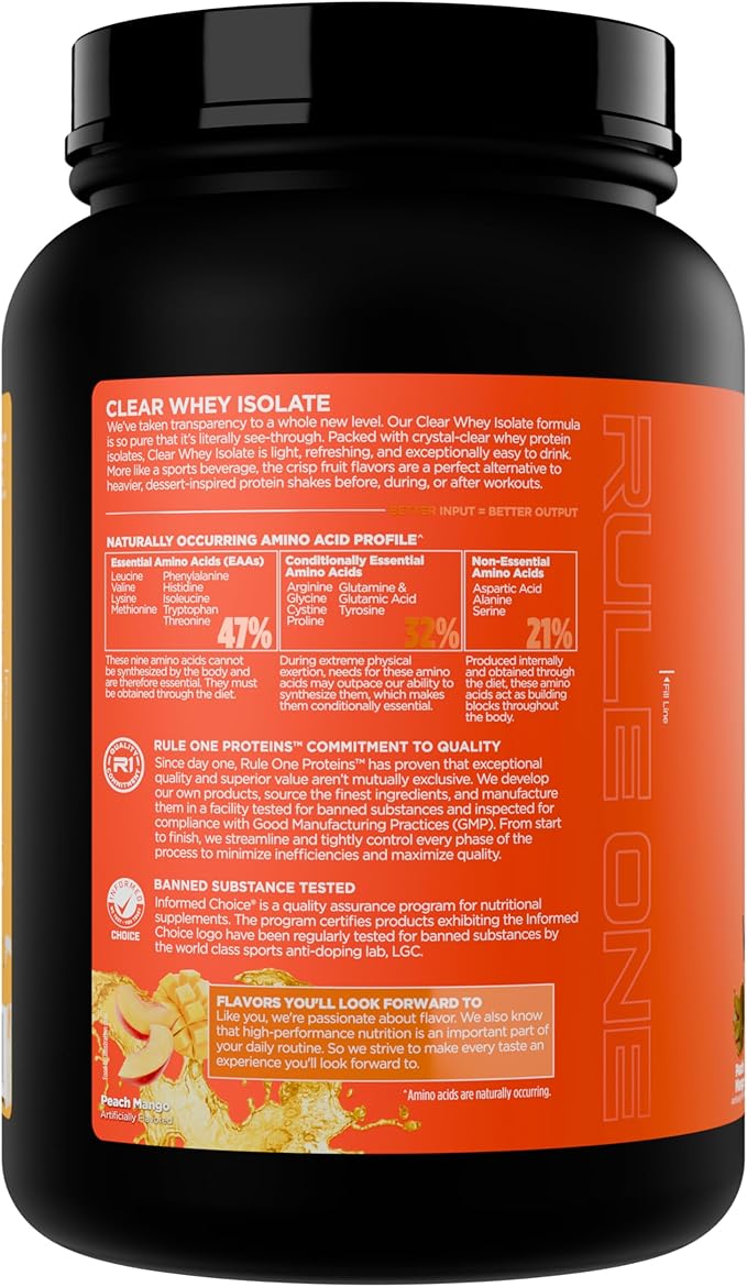Rule 1 Clear Whey Isolate - 20g All-whey Isolate Protein, Over 9g EAAs, 300mg of Electrolyte Minerals, 90 Calories, Light, Crisp, and Refreshing Taste (27 Servings, Peach Mango)