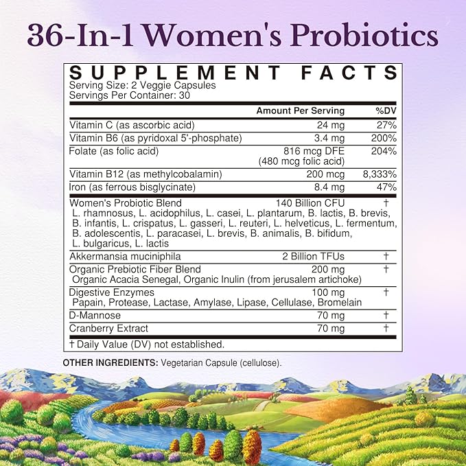 Vitalitown Probiotics for Women, 140 Billion CFU 20 Strains, Akkermansia Probiotic with Iron, Vitamin C B6 & B12, Digestive Enzymes, Cranberry, D-Mannose, Vaginal Probiotics & Prebiotics, 60 Capsules