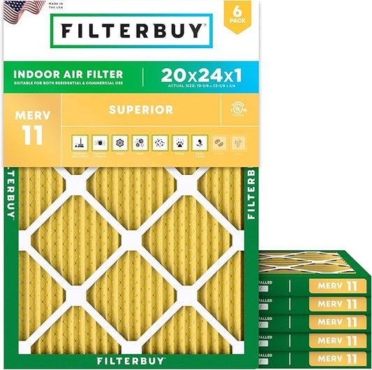Filterbuy 20x24x1 Air Filter MERV 11 (MPR 1200) Allergen Defense Replacement (6-Pack), Electrostatic Pleated HVAC AC Furnace Filters, Made in USA (Actual Size: 19.38 x 23.38 x 0.75)