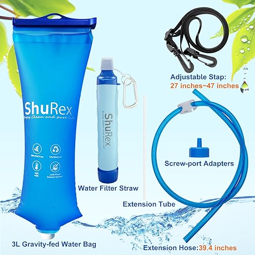 Gravity Fed Water Filtration System with Adjustable Tree Strap, Gravity Bag with Filter Straw, Water Purifier Survival for Travel, Backpacking, and Emergency Preparedness (3L)