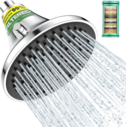 Filtered Shower Head - High Pressure Shower Head with Filter for Hard Water -Water Softener Filters Beads to Remove Chlorine, 1-Min Install, One-Button Filter Replacement