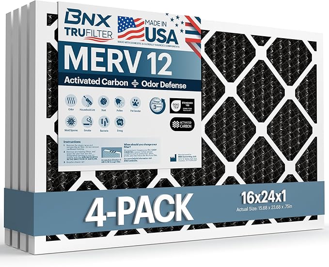 BNX TruFilter 16x24x1 MERV 12 Odor Defense (4-Pack) AC Furnace Air Filter with Activated Carbon - MADE IN USA - Pleated Air Conditioner HVAC AC Furnace Filters - Removes Odor, Mold, Bacteria, Smoke