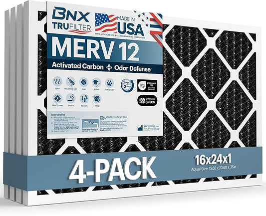 BNX TruFilter 16x24x1 MERV 12 Odor Defense (4-Pack) AC Furnace Air Filter with Activated Carbon - MADE IN USA - Pleated Air Conditioner HVAC AC Furnace Filters - Removes Odor, Mold, Bacteria, Smoke