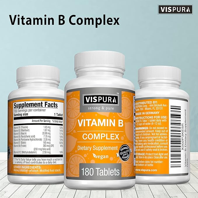 Vitamin B-Complex, 180 Vegan Tablets, All B Vitamins Including B12, B1, B2, B3, B5, B6, B7, B9, Folic Acid, for Stress, Energy and Healthy Immune System*, Natural Supplement Without Additives