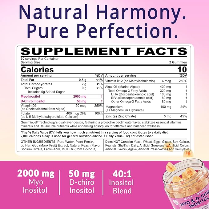 Myo-Inositol & D-Chiro Inositol, Hormone Balance for Women | Sugar Free Inositol Gummies w/Omega 3, MTHF Folate, Vitamin D3, B12, Magnesium & Zinc for Ovarian Health, Ideal 40:1 Ratio, Vegan, 60 Cts