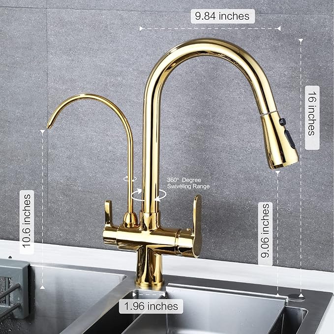 HUAHUALALA Kitchen Sink Faucet with Pull Down Sprayer 2 Handle 3 in 1 Water Filter Purifier Faucets, Brass Drinking Water Faucet Reverse Osmosis Gold