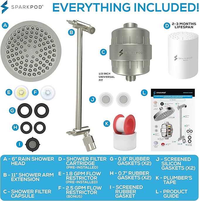 SparkPod 6" High Pressure Rain Shower Head with 23 Stage Filter Capsule & 11 Inch Adjustable Shower Arm Extension - Shower Filter Reduces Chlorine for Smoother Hair & Skin (Round, Brushed Nickel)