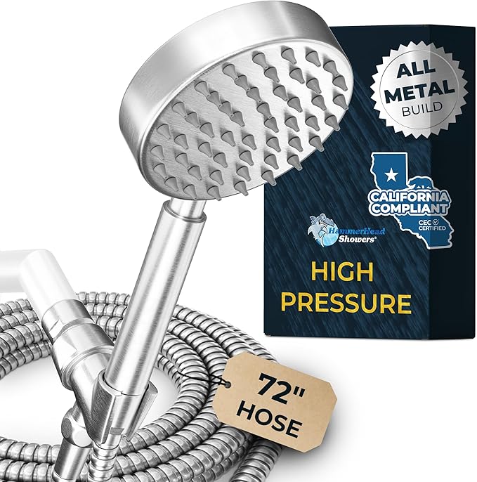 HammerHead Showers® Solid Metal LOW FLOW Handheld Shower Head with Hose and Brass Holder - BRUSHED NICKEL – Water Saving 1.75 GPM Detachable Shower Head - Adjustable Shower Wand Bracket & 6ft Hose