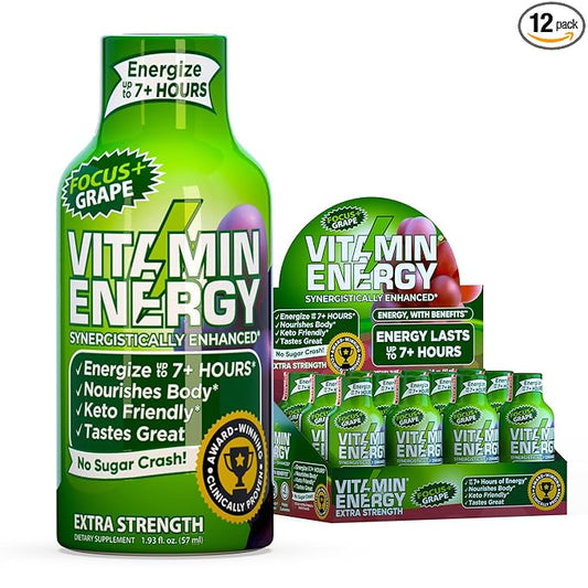 Vitamin Energy Focus+ Extra Strength Energy Shot Grape 12 Pack, 260mg Natural Caffeine, B-Vitamins, CoQ10, Amino Acids, Focus, Productivity & Clarity, Zero Sugar, Gluten-Free, 1.93 fl oz