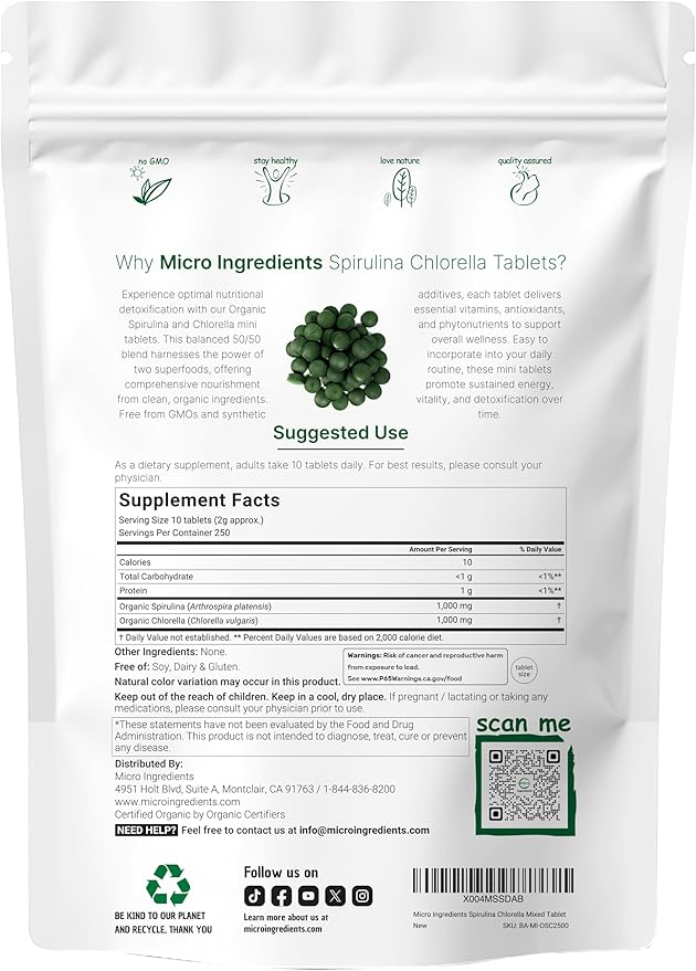 Micro Ingredients Organic Spirulina Chlorella Mini Tablets, 2,500 Tablets (8 Month Supply) | 50/50 Blend Superfood | Cracked Cell Wall for Better Absorption | Rich in Vegan Protein & Chlorophyll