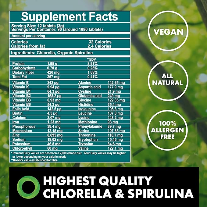 Fermented Chlorella & Spirulina Tablets, Chlorophyll, Green Superfood, Algae Supplement, Heavy Metal Detox, Immune Support, Broken Cell Wall, 1350 Tablets, Non-GMO, Vegan